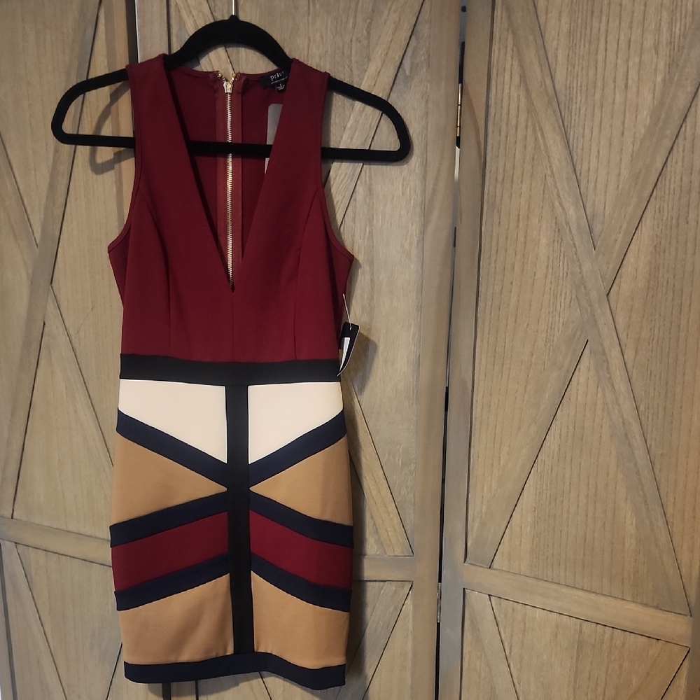 Privy Burgundy, navy and Tan Colorblock Mini Dress